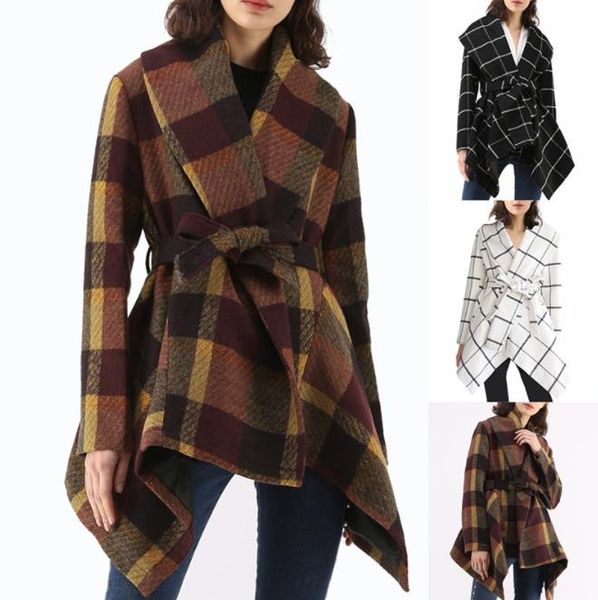 

winter new women designer coats fashion asymmetrical plaid printed medium long warm coats with belt casual womens coats, Black