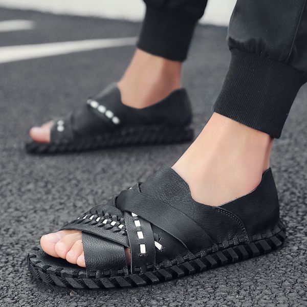 

outdoor slippers men's slippers cool korean-style summer online celebrity sandals outer wear fashion 2019 new style a- line, Black