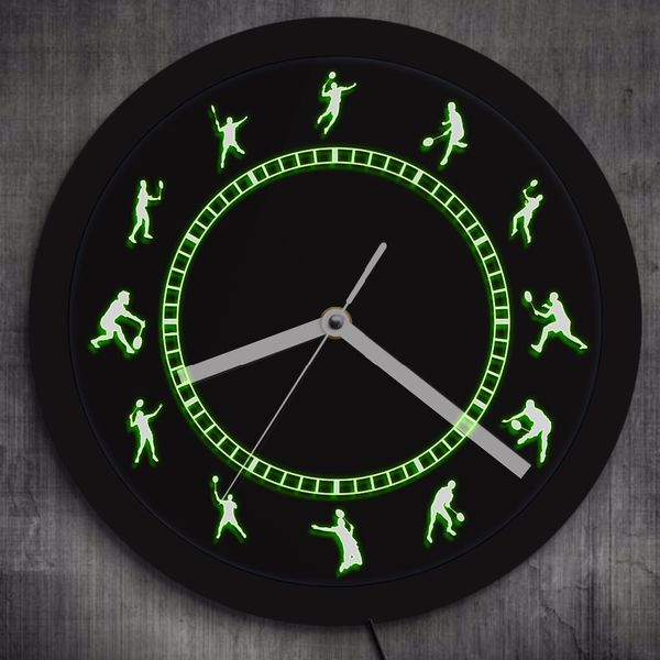 

badminton time black round badminton players led silhouette wall clock shuttlecock luminous wall watch home decor gift