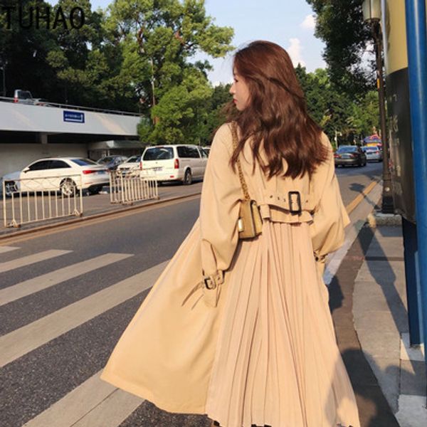 

tuhao 2019 windbreaker pleated long paragraph autumn winter office lady turn-down collar pockets woman trench coats wm36, Tan;black