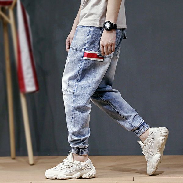 

fashion streetwear men jeans stripe spliced designer harem pants multi pockets cargo pants slack bottom hip hop jogger jeans men, Blue