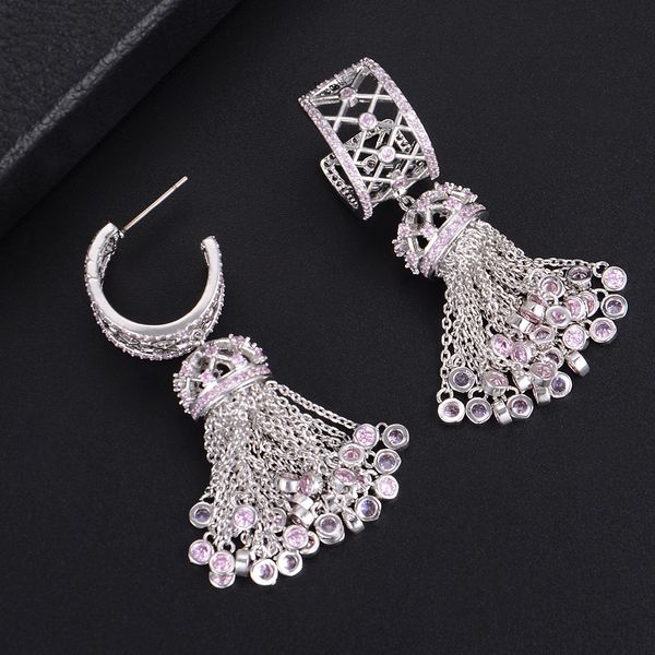 

godki 52mm handmade luxury long tassel drop full mirco paved microl zirconia naija wedding earring fashion jewelry, Silver