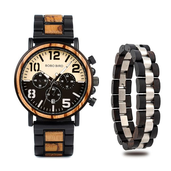 

bobo bird brand metal wood bracelet watch two-pieces set chronograph quartz wristwatch calendar timepiece gift to husband, Slivery;brown