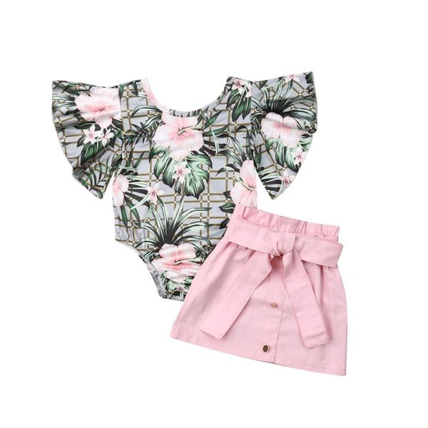 

1-4y summer kids baby girl flare sleeve floral bodysuit a-line button skirt 2pcs outfits fashion girls clothing set, White