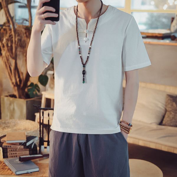 

brand summer 2020 korean men short sleeve casual vintage shirt male slim fitness white cotton linen blouse plus size -8xl, White;black