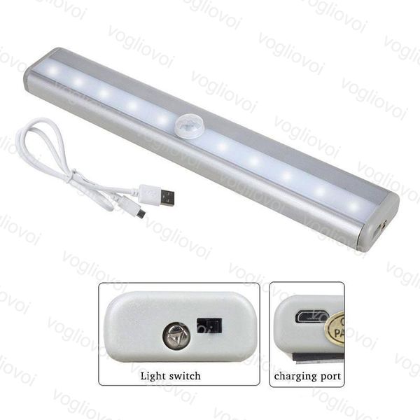 

led cabinet lights motion sensor 0.2m 10led pir usb rechargeable lithium battery wireless lamp light bar magnetic strip wall light dhl