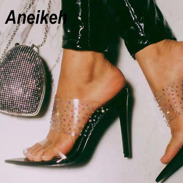 

aneikeh fashion 2020 summer women's sandals pvc on ladies shoes thin high heels rhinestone shallow mature dance solid 35-42, Black