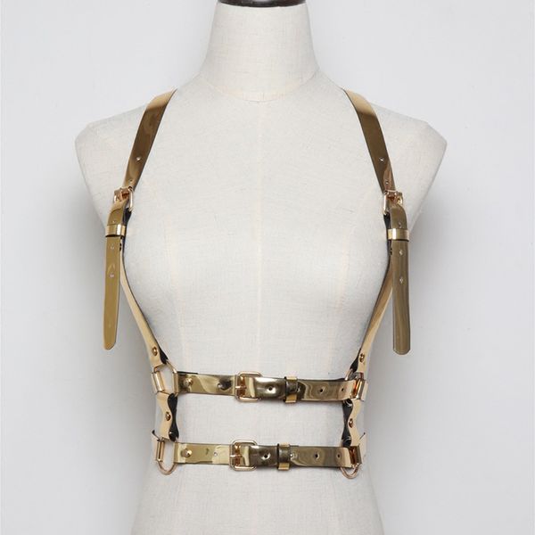 

mirror pu leather suspenders belt for women gold silver punk waist belt garters body bondage harness harajuku straps 419, Black;brown