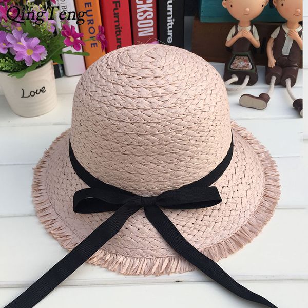 

retro summer women's sun hat black bowknot ribbon straw hat wide beach girls caps anti-uv panama female floppy, Yellow