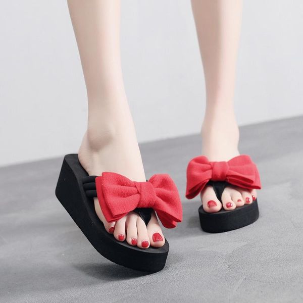 

women summer platform slide sandals bow tie casual flip flops non-slip wedges beach slippers ladies outdoor indoor beach shoes, Black