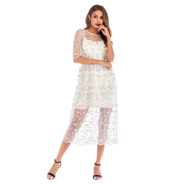 

selling women's dress fresh leisure embroidered medium-length skirt two sets of yarn mesh suspension belt a-skirt, Black;gray