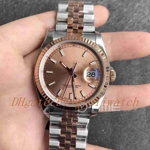 

date just 116231 36mm stainless steel two tone rg case arf edition rg dial fluted bezel stick markers on ss/rg jubilee bracelet sa.3135, Slivery;brown