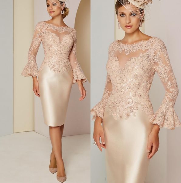 Flare Long Sleeves Lace Etuikleid Kurze Mutter der Braut Anzüge Kleider Tüll Spitze Applikation Perlen Knielanges formelles Partykleid