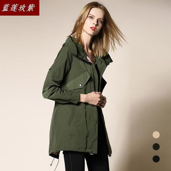 

women's jacket new spring and autumn 2019 a hooded loose temperament pure color long sleeve coats lady's casual windbreak, Black;brown