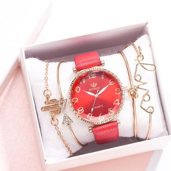 

simple fashion combination relgio feminino luminous hand big number quartz watch women's bracelet set five pieces zegarek damski, Slivery;brown