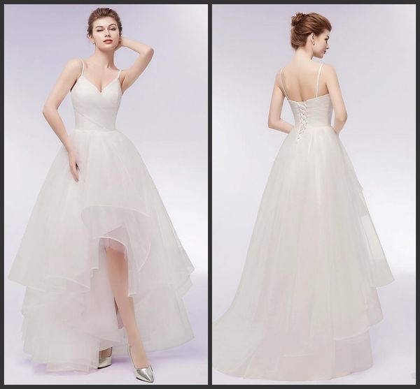 

2019 new special design high low a line wedding dresses spaghetti straps tulle summer wedding bridal gowns, White