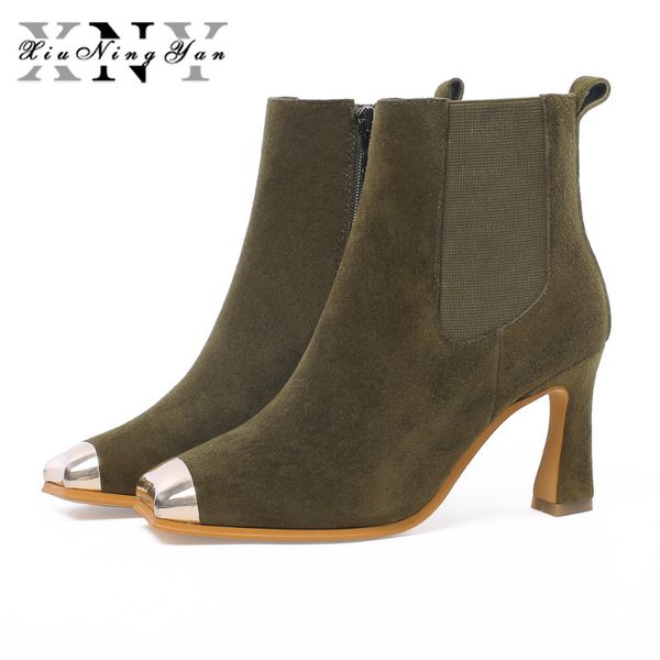 

xiuningyan genuine leather women's boots metal toe ladies ankle boots brand fashion party wedding shoes woman footwear, Black