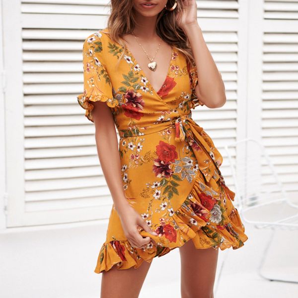 

wrap mini dress women boho style floral print summer beach dress v neck a line ruffle party elegant sundress robe, Black;gray
