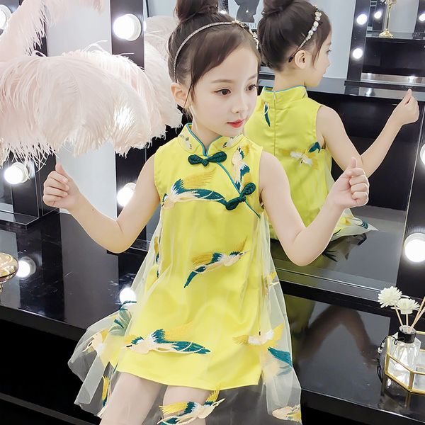 

new girls fairy dress mesh kids dress traditional chinese cheongsam summer sleeveless qipao tang suit for children, Black;red