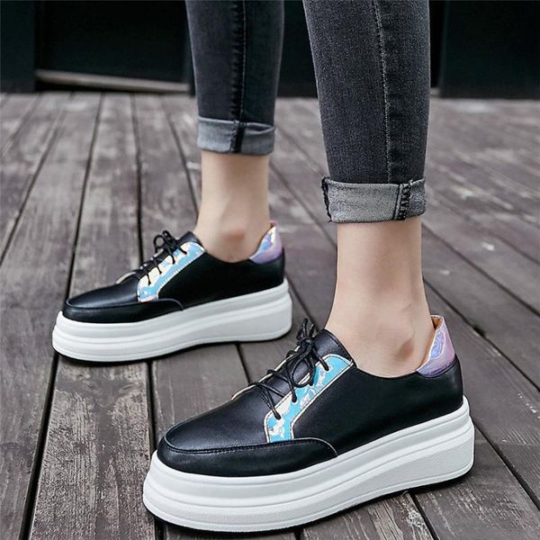 

fashion sneakers women genuine leather wedges high heel pumps shoes female lace up walking loafers casual oxfords travel shoes, Black