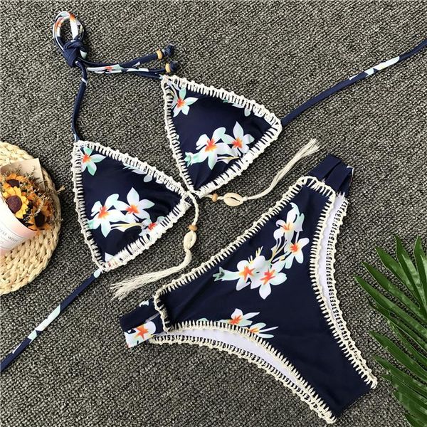 

manual weave split bikini summer women halter swimsuit bandage beachwear blue swimming suit soft ethnic style 2pcs/set cca11553 15set kg-324