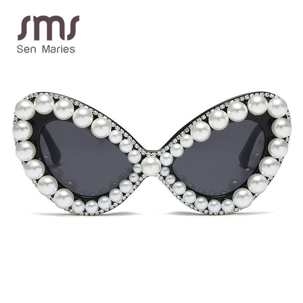 

oversized cat eye sunglasses colorful women vintage pearl rhinestone sunglasses for elegant lady one piece punk glasses oculos ch01, Blue