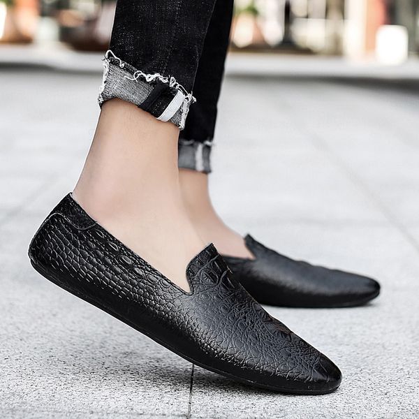 

summer leather crocodile pattern pointed small shoes men's casual one pedal shoes, Black