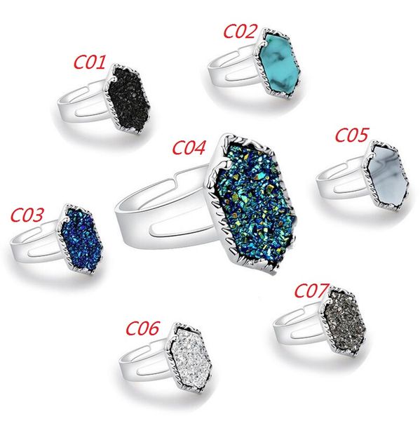 

wholesale-new fashion druzy drusy rings silver gold plated popular faux stone turquoise rings for women lady jewelry, Golden;silver