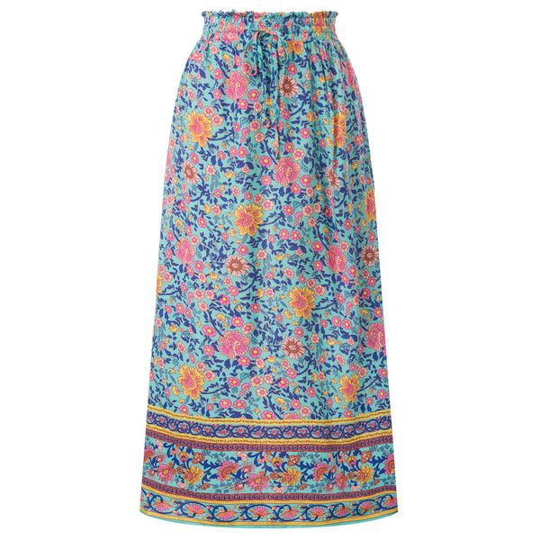

casual skirts womens rayon maxi long skirt elastic drawstring waist floral pattern a-line boho beach swing skirt falda ladies, Black
