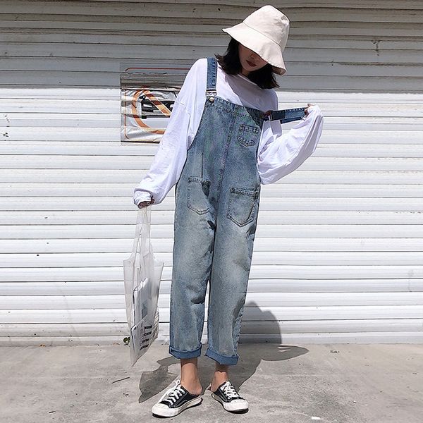 

women denim jumpsuit bib jeans overalls casual basic washed jeans trousers leisure loose pants wide leg rompers, Black;white
