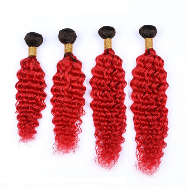 Малайзийский Ombre человеческих волос Красные пучки глубоких волн предложения темные корни # 1B / Red Ombre Глубокие волны вьющиеся девственные плетения человеческих волос 4шт