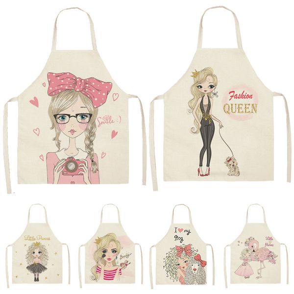 

1pcs cute girl cotton linen sleeveless apron printed kitchen aprons women home cooking baking waist bib pinafore 53*65cm wql0151