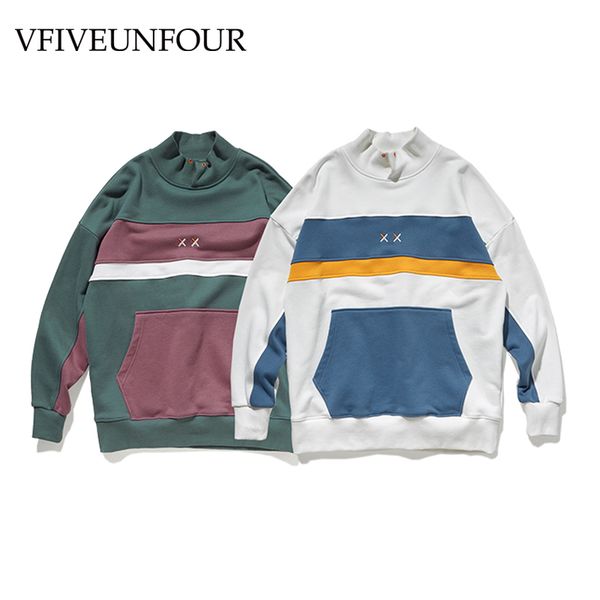 

vfiveunfour high-collar sweatshirt colour block patchwork men's sweatshirt pouch pocket loose fit mens harajuku fashion, Black