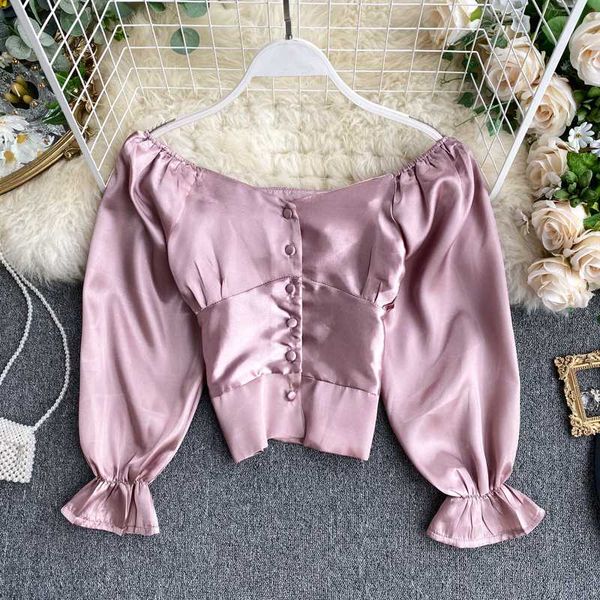 

2020 new spring fashion slash neck satin short women solid color long sleeve shirt blouse clothing k906, White
