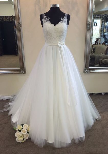 

sleeveless v neck long wedding dress with brush train floor length bridal dress with flower sash, White