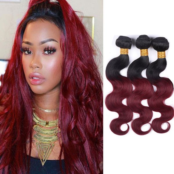 

malaysian human hair extensions 3 bundles 1b/99j body wave ombre virgin hair 10-26inch 1b 99j burgundy three pieces/lot, Black