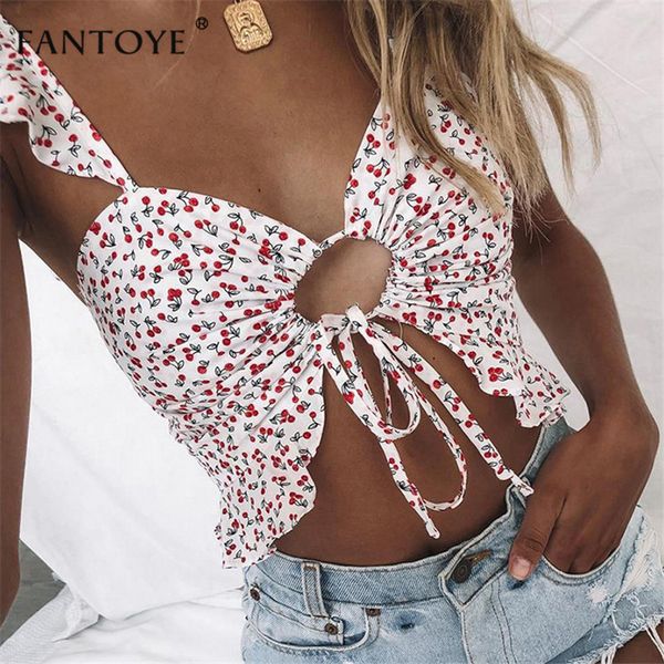 

fantoye 2019 printed crop women summer lace up tank short cami ruffle spaghetti straps hollow out streetwear tees camis, White
