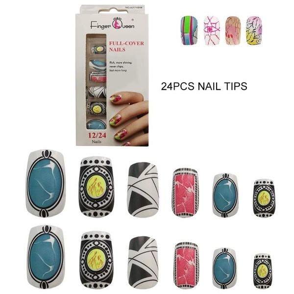 

24pcs reusable full cover false nail artificial tips for decoration with designed press on nails art fake extension tips, Red;gold