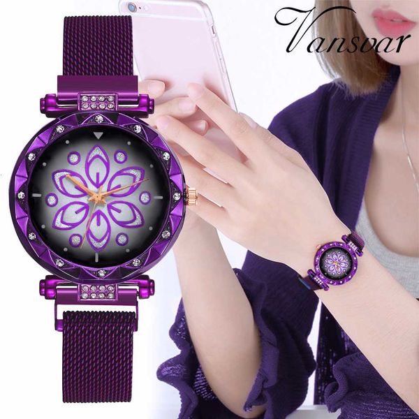 

women magnet buckle flower watch luxury ladies stainless steel mesh belt quartz watches clock sale, Slivery;brown