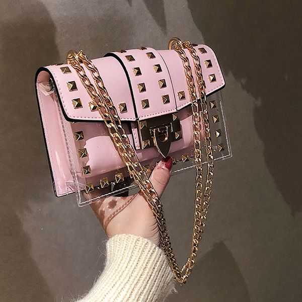 

small clear brand designer woman 2019 new fashion messenger bag chains shoulder bag female rivets transparent square handbag#h25
