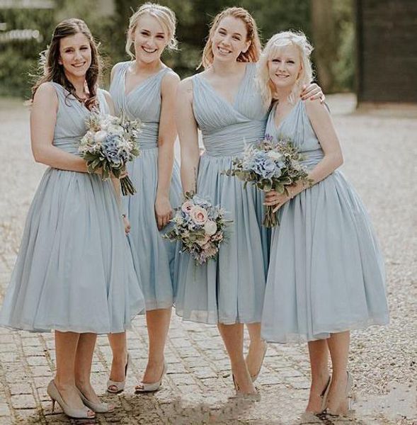 

setwell v-neck a-line bridesmaid dresses sleeveless simple style chiffon pleated short tea length wedding guest gowns, White;pink