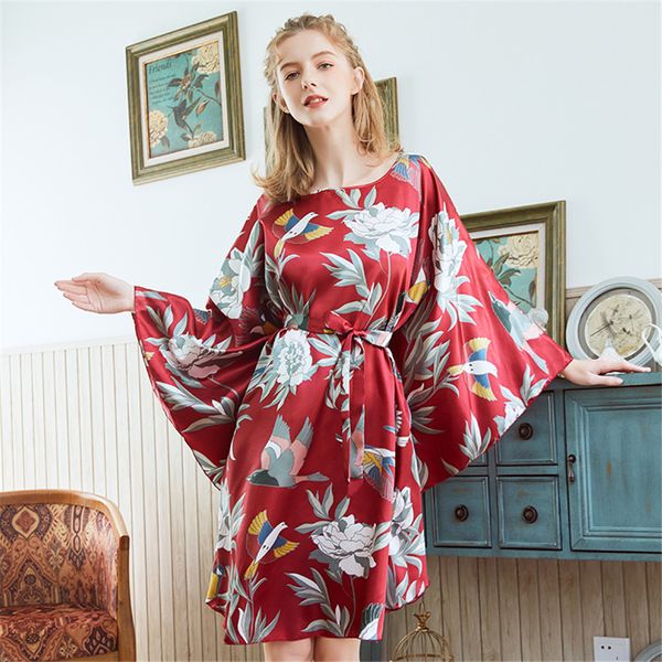

new simulated silk satin lace chemise robe sleepwear ladies summer bat sleeve sleeping skirt ladies summer large housewear, Black;red