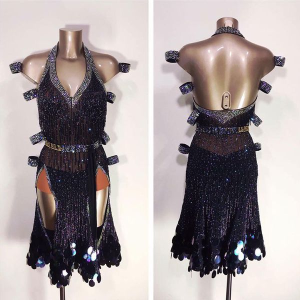 

new latin dance dress women dress for the dance black halter for ballroom dancing tango tassel sequin, Black;red