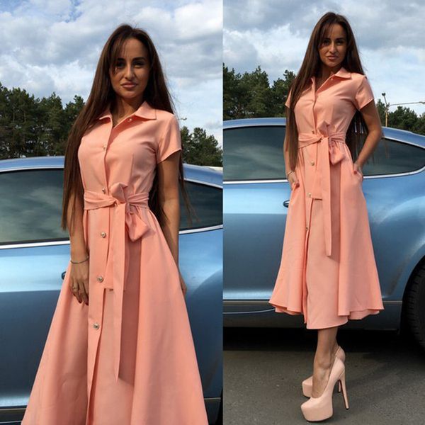 

pink women vintage sashes button maxi dress short sleeve turn down collar office elegant party dress 2019 summer fashion women dress, Black;gray