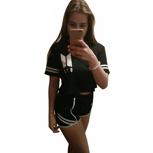 

summer cotton striped women 's tracksuit bts clothes set 2 piece woman suits shorts crop +shorts pants outfit female casual, Gray