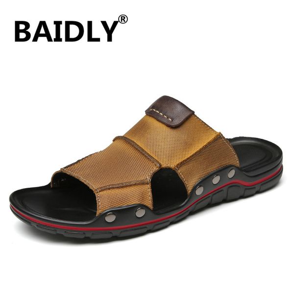 

new quality leather non-slip slippers men beach sandals comfortable summer shoes men slippers classics flip flops, Black