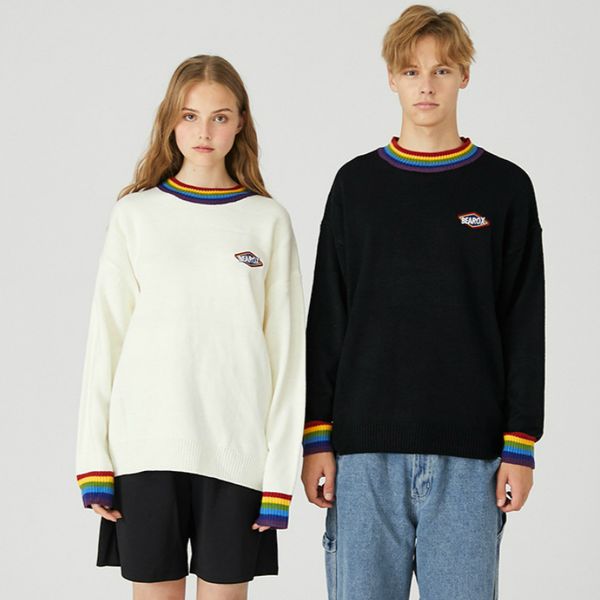 

merry pretty women man knitted sweaters letter embroidery rainbow stripes pullover winter stand collar jumpers couple sweater, White;black