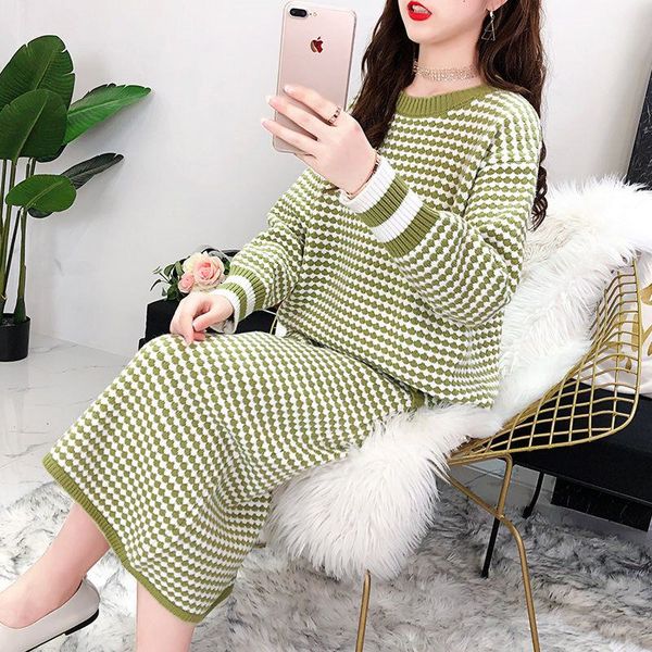 

bella philosophy 2019 autumn women plaid knitted pullover office lady two piece set sweater female fashion jumper sweater, White;black