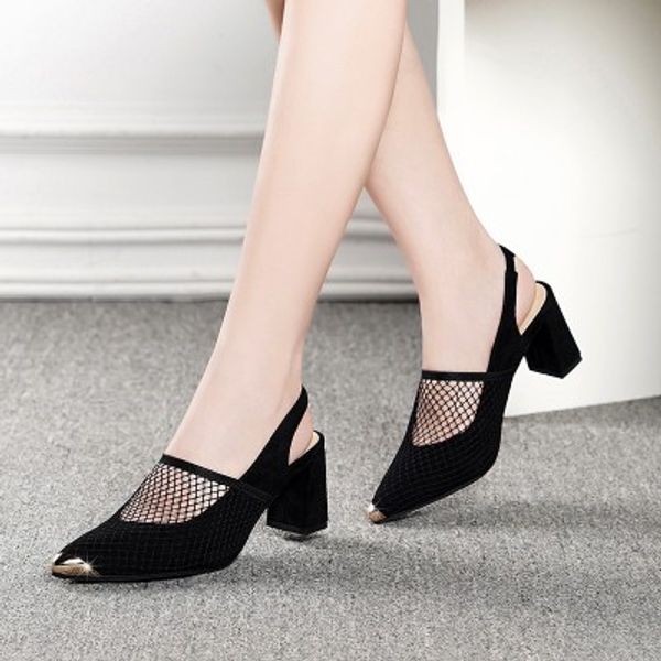 

women's shoes 2020 summer new european and american pointed hollow high-heeled grid thick heel ladies sandals, Black