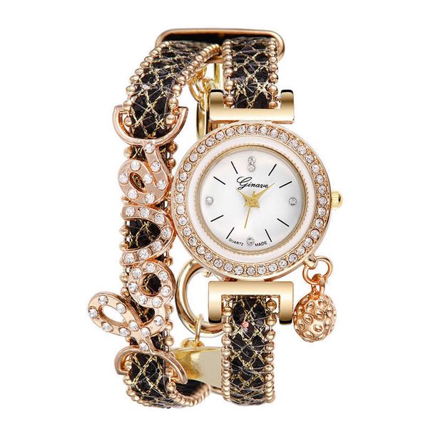 

geneva brand fashion bracelet ladies watches leather strap love rhinestone pendant dress women quartz watch relogio feminino, Slivery;brown